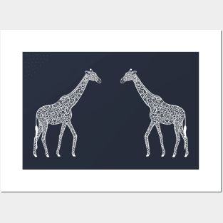 Giraffes in Love - cute African animal design - on dark blue Posters and Art